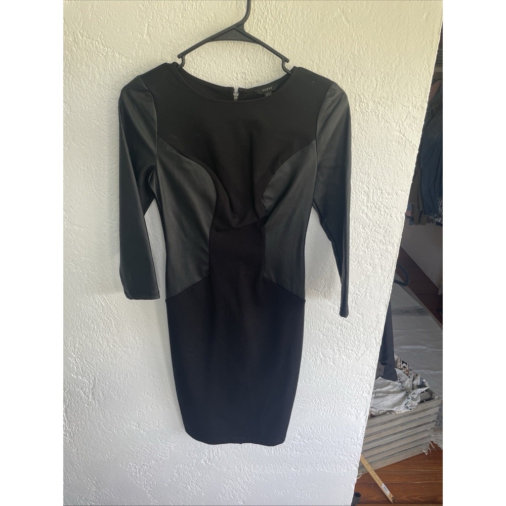 NWOT Guess‎ 3/4 Sleeve Ponte Snake Mix Black Fitted Full Zip Back Dress XS